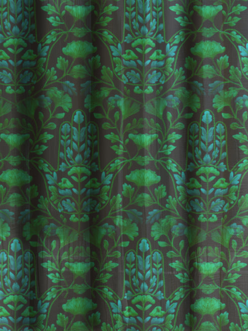 Sheer curtain panel featuring repeating emerald green hamsa hands with blue botanical elements on dark background. Linen-textured polyester fabric filters light beautifully while providing elegant window covering with protective symbolism for bohemian or Victorian interiors.
